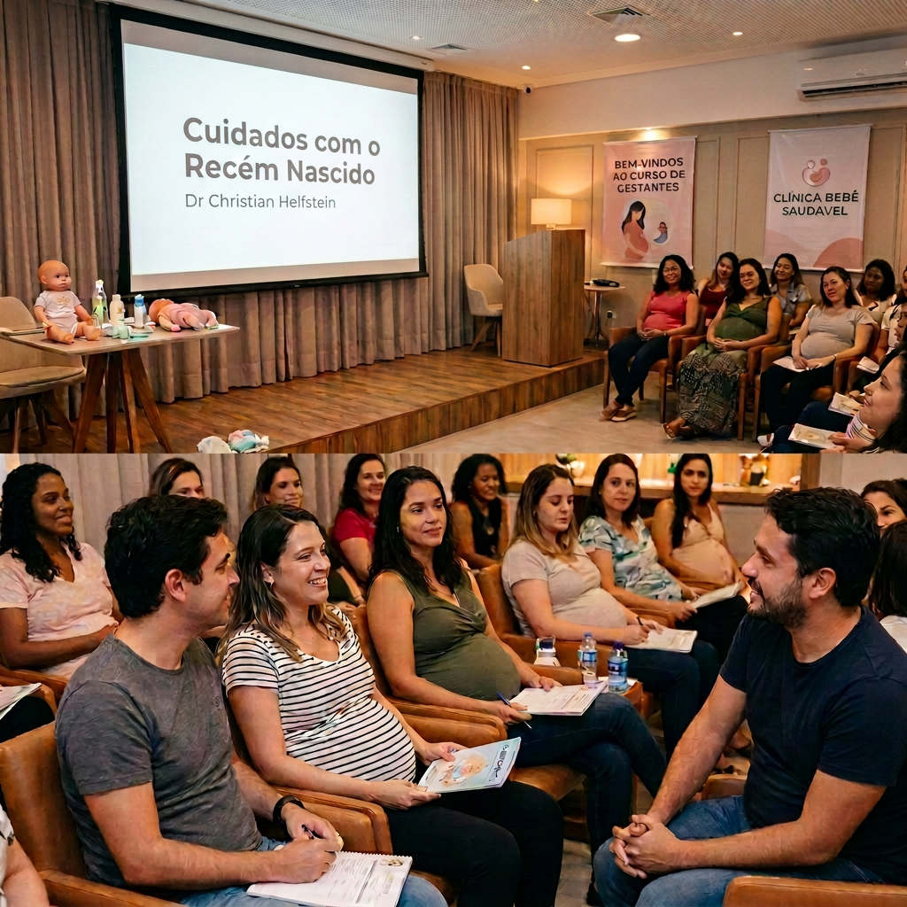 Pregnant women and partners attending a prenatal care class led by a female doctor.